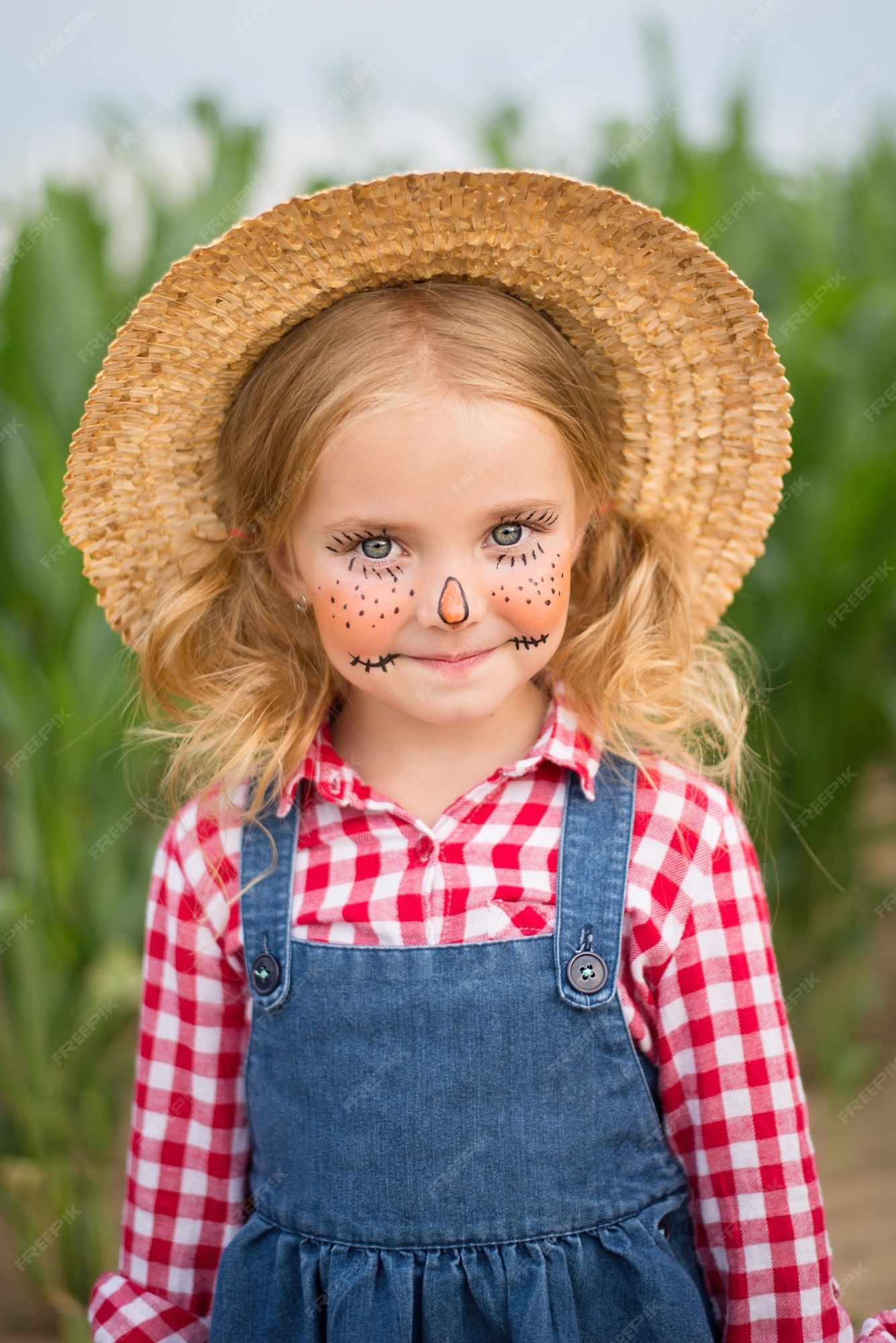 niño se encuentra en maizal, espantapájaros, halloween Foto Premium