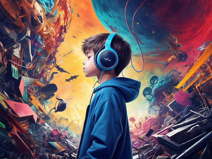 Un niño se encuentra en un mundo caótico abstracto imagen psicodélica