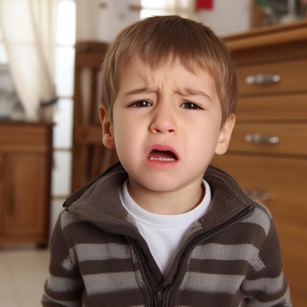 Foto niño enfermo con dolor de garganta en casa