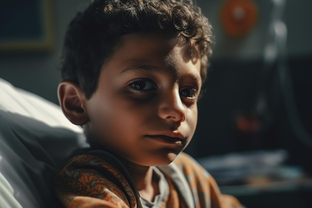 Niño enfermo mirando a la cámara mientras está acostado en una cama de hospital Ilustración generativa de IA