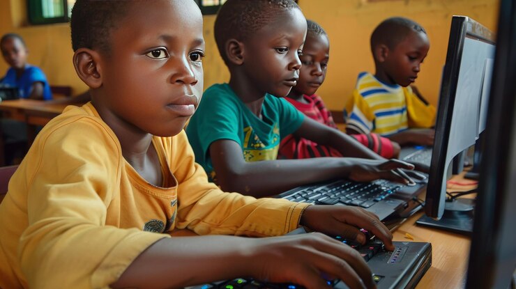 Un niño enfocado aprende habilidades informáticas