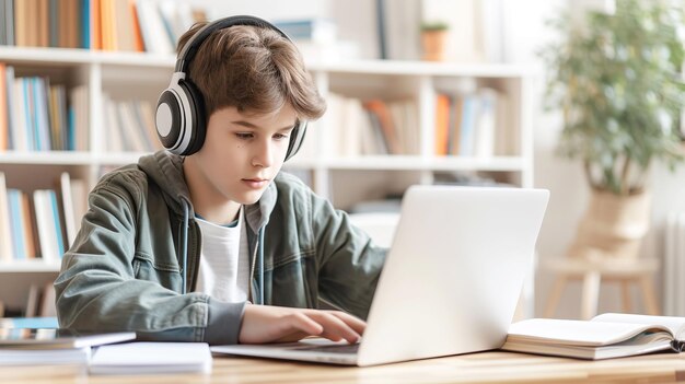 Un niño enfocado con auriculares usando una computadora portátil en un escritorio con libros en una habitación brillante con una estantería