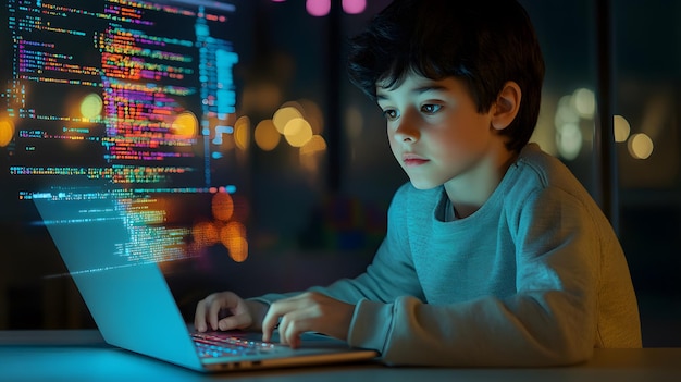 Niño enfocado en la codificación con una computadora portátil con código de colores en la pantalla