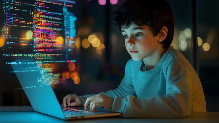 Niño enfocado en la codificación con una computadora portátil con código de colores en la pantalla