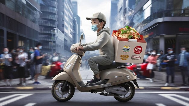 Niño de entrega de comida conduciendo un scooter con una caja con comida y usando una máscara