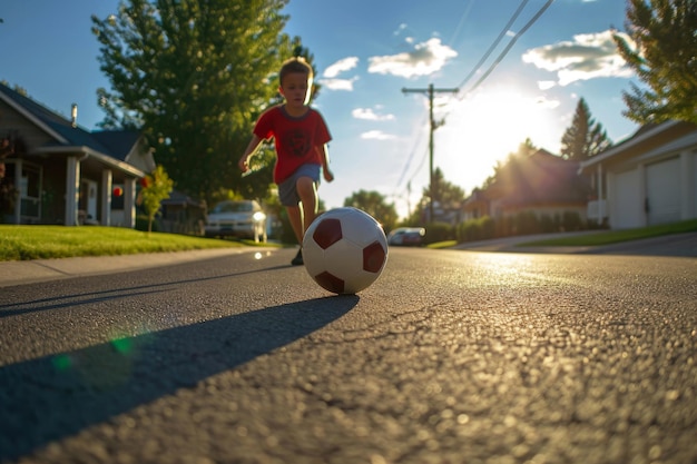 Foto niño entusiasta dominando el balón de fútbol