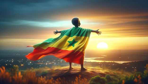 Niño envuelto en la bandera de Senegal de pie con los brazos abiertos contra un amanecer que simboliza la esperanza y el orgullo