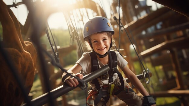 Niño escalando en un parque de actividades de aventura con casco y equipo de seguridad Imagen sobre la actividad del niño