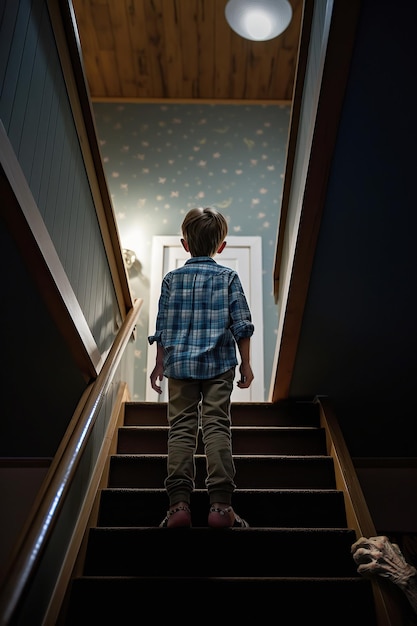 niño en una escalera junto a una mano monstruosa