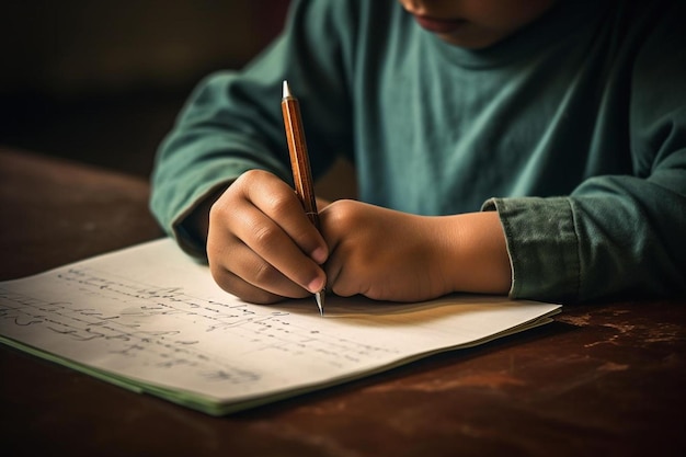 Un niño escribe en un cuaderno con un bolígrafo.