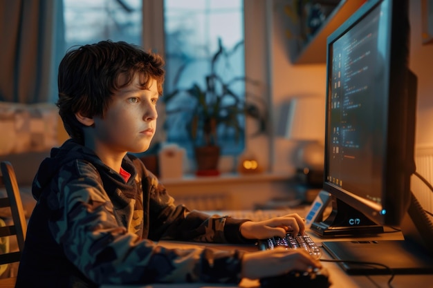 Un niño escribe en el teclado de la computadora en la mesa de la habitación