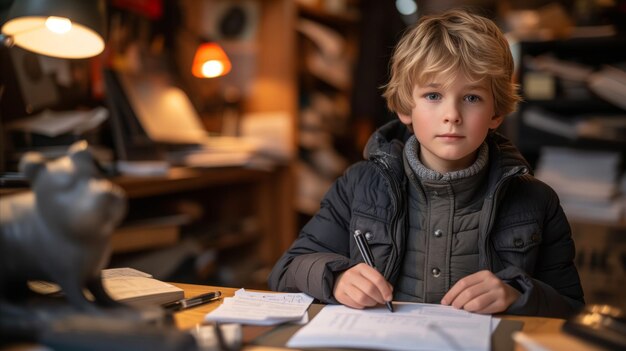 Niño escribiendo en el escritorio con pluma y papel