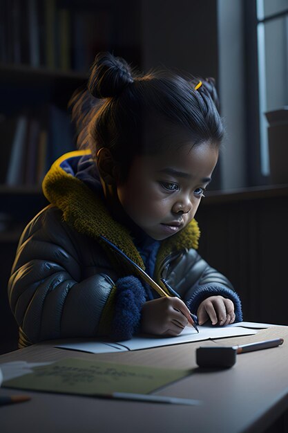 Foto un niño está escribiendo en un libro con un lápiz