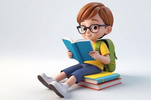 Foto niño de escuela en 3d leyendo