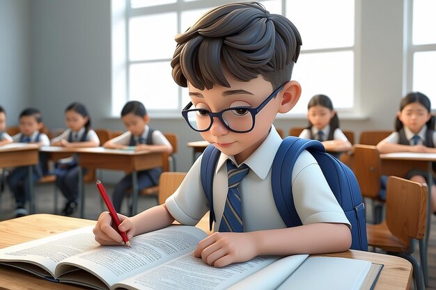 Foto niño de escuela en 3d leyendo