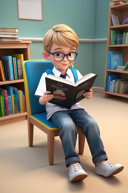 Foto niño de escuela en 3d leyendo