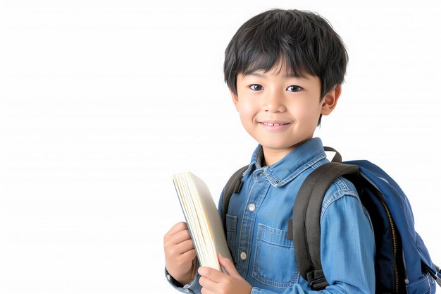 Niño de escuela asiático listo para aprender con mochila y libros en espacio de copia de fondo blanco