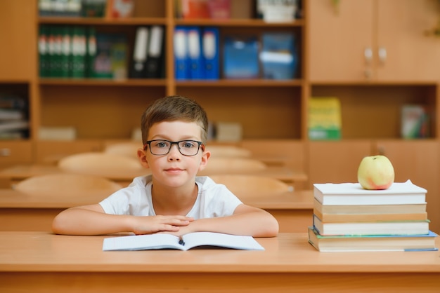 Niño de la escuela en el aula en la lección