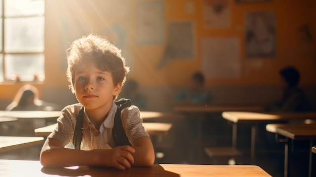 Un niño en la escuela está sentado en el aula a la luz del sol brillante