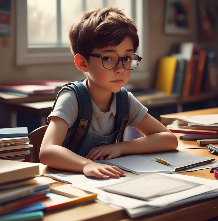 Niño de escuela estudiando