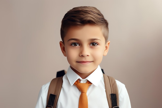 Niño de escuela con mochila en uniforme sobre un fondo claro con espacio para el texto de regreso a la escuela