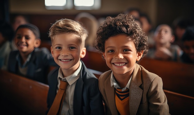 Niño de la escuela de niño sonriendo en el aula