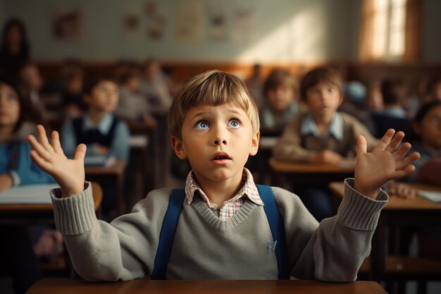 Niño de escuela primaria levantando la mano en el aula Estudiantes preguntándose sobre preguntas