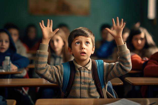 Niño de escuela primaria levantando la mano en el aula Estudiantes preguntándose sobre preguntas