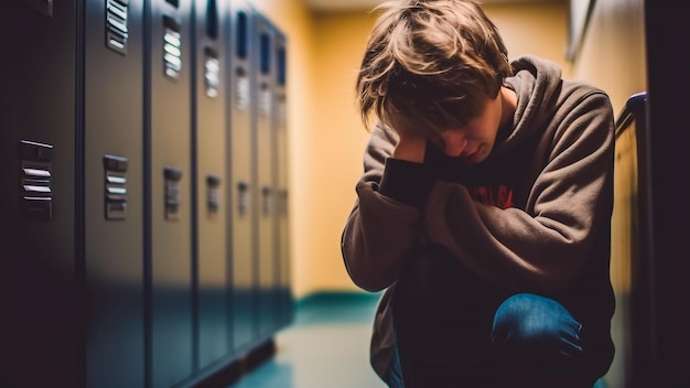 Niño de escuela sentado en el pasillo de la escuela y llorando después de intimidar a la IA generativa