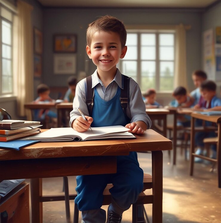 Niño de escuela sonriente en la clase