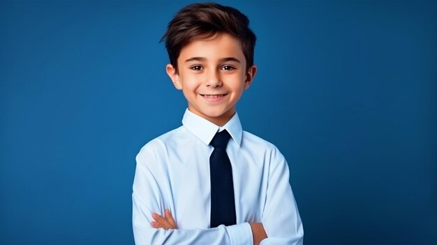 Niño de escuela en uniforme de escuela de pie frente al fondo aislado.