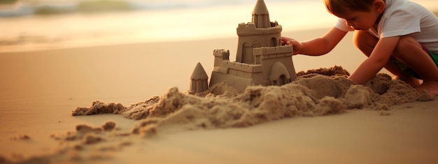 Foto un niño esculpe un castillo en la orilla del mar generativa ai kid