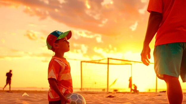 Un niño espera jugar al fútbol con su padre al atardecer