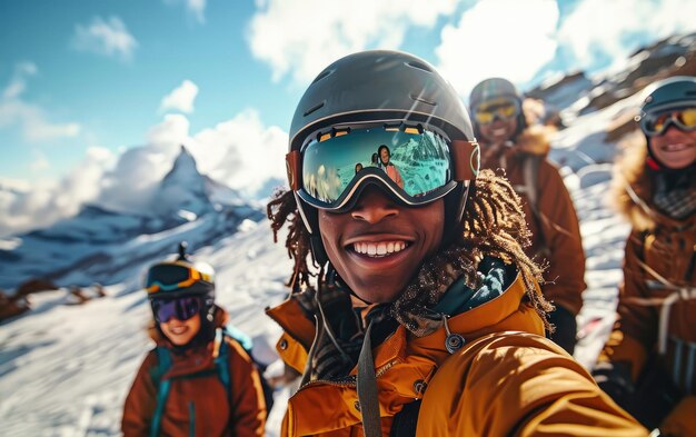 niño esquiador con amigos con gafas de esquí y casco de esquí en la montaña de nieve