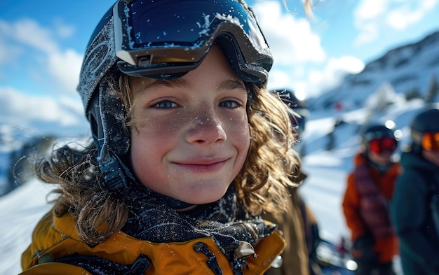 niño esquiador con amigos con gafas de esquí y casco de esquí en la montaña de nieve