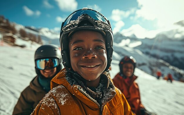 niño esquiador con amigos con gafas de esquí y casco de esquí en la montaña de nieve