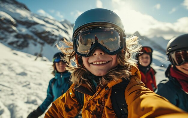 niño esquiador con amigos con gafas de esquí y casco de esquí en la montaña de nieve