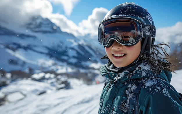 niño esquiador con gafas de esquí y casco de esquí en la montaña de nieve