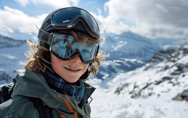 niño esquiador con gafas de esquí y casco de esquí en la montaña de nieve