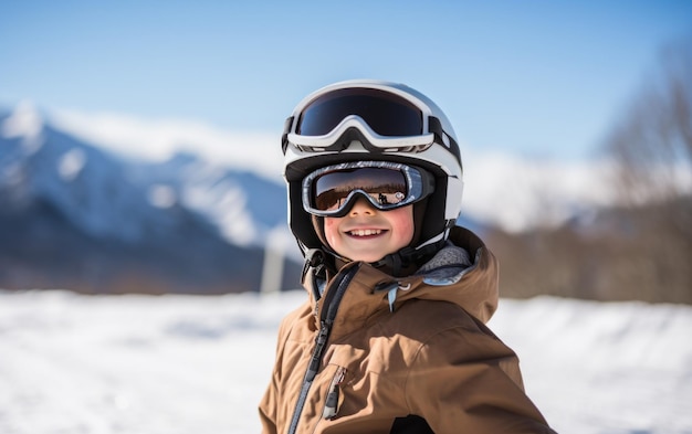 un niño esquiando en las montañas con su equipo puesto