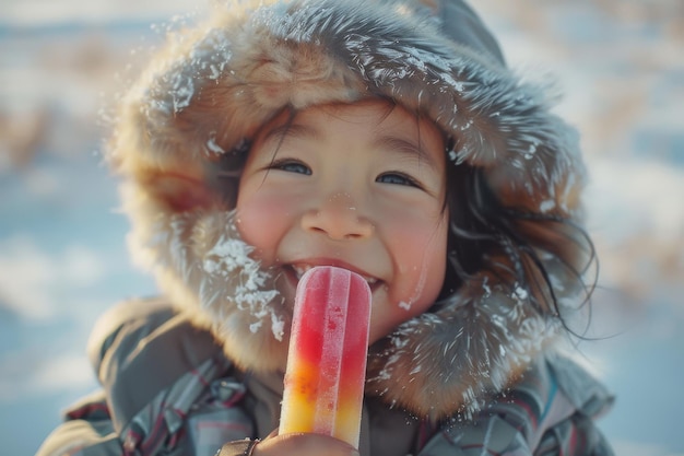 Foto un niño esquimal alegre disfrutando de un helado