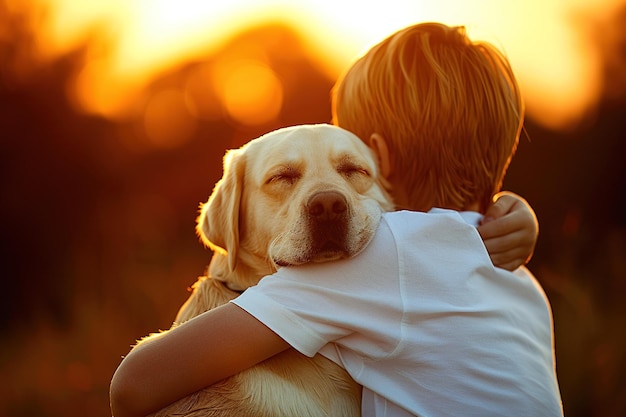 Un niño está abrazando a un perro.