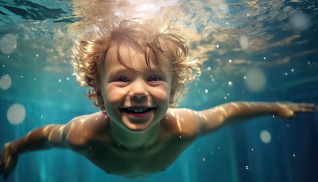 Un niño está bajo el agua en una piscina.