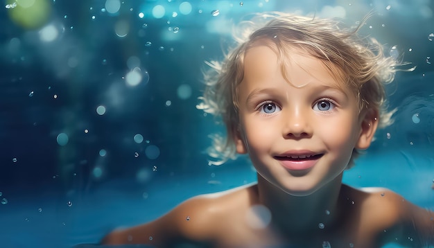 El niño está bajo el agua en una piscina.