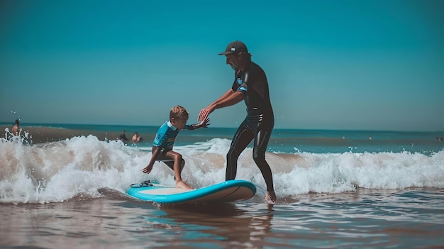 El niño está aprendiendo a surfear con la ayuda de su instructor. Ambos están de pie en tablas de surf y montando las olas.