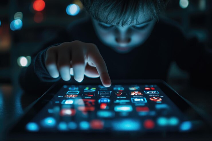 Un niño está apuntando a una pantalla en una tableta