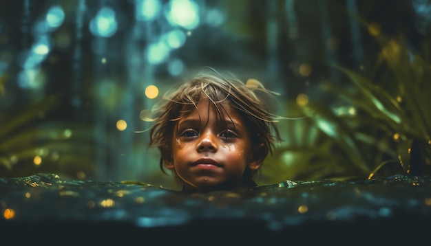 Un niño está en un charco de agua con un fondo borroso