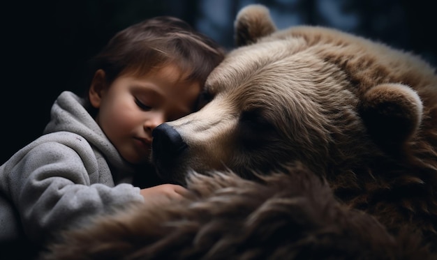 un niño está durmiendo al lado de un oso con un niño