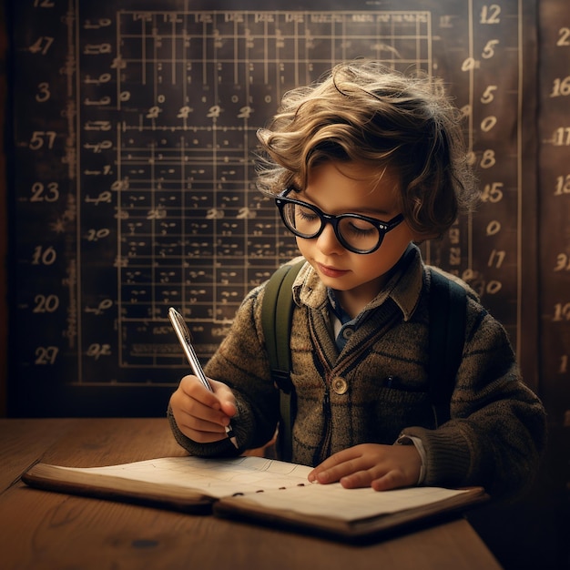 un niño está escribiendo con una pluma y un libro con los números en él.