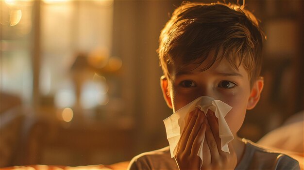 El niño está estornudando y sosteniendo un pañuelo en la nariz.
